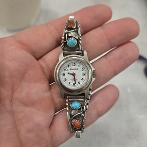 Sharp Women's Silver Watch with Turquoise and Coral Accents